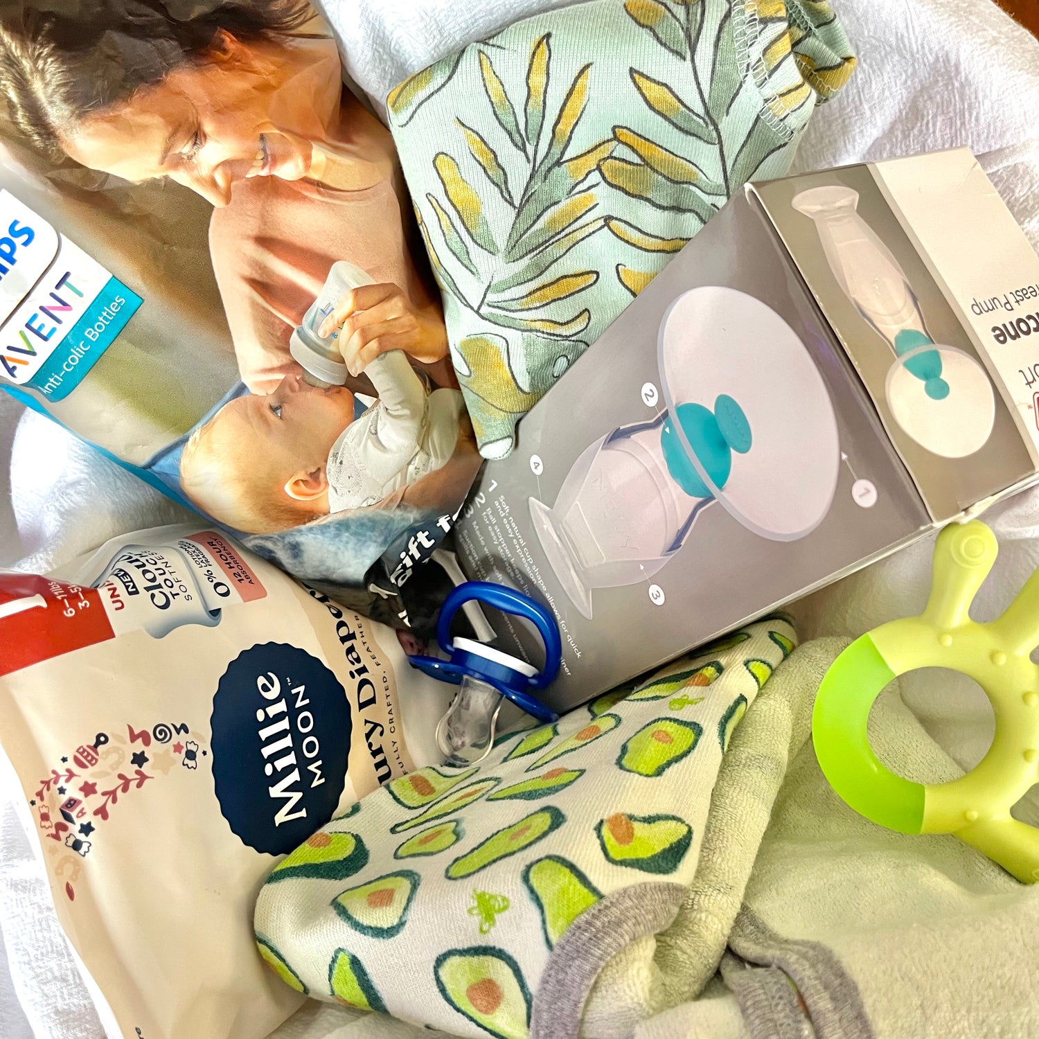 Product Image showing the free baby box with an example of the type of contents that might be included.